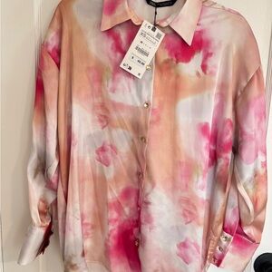 NWT Zara Pink and Orange Women's long sleeve button up shirt